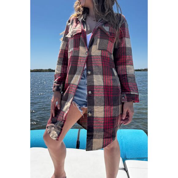 Hooded longline plaid flannel fleece shacket - Picture 1 of 3